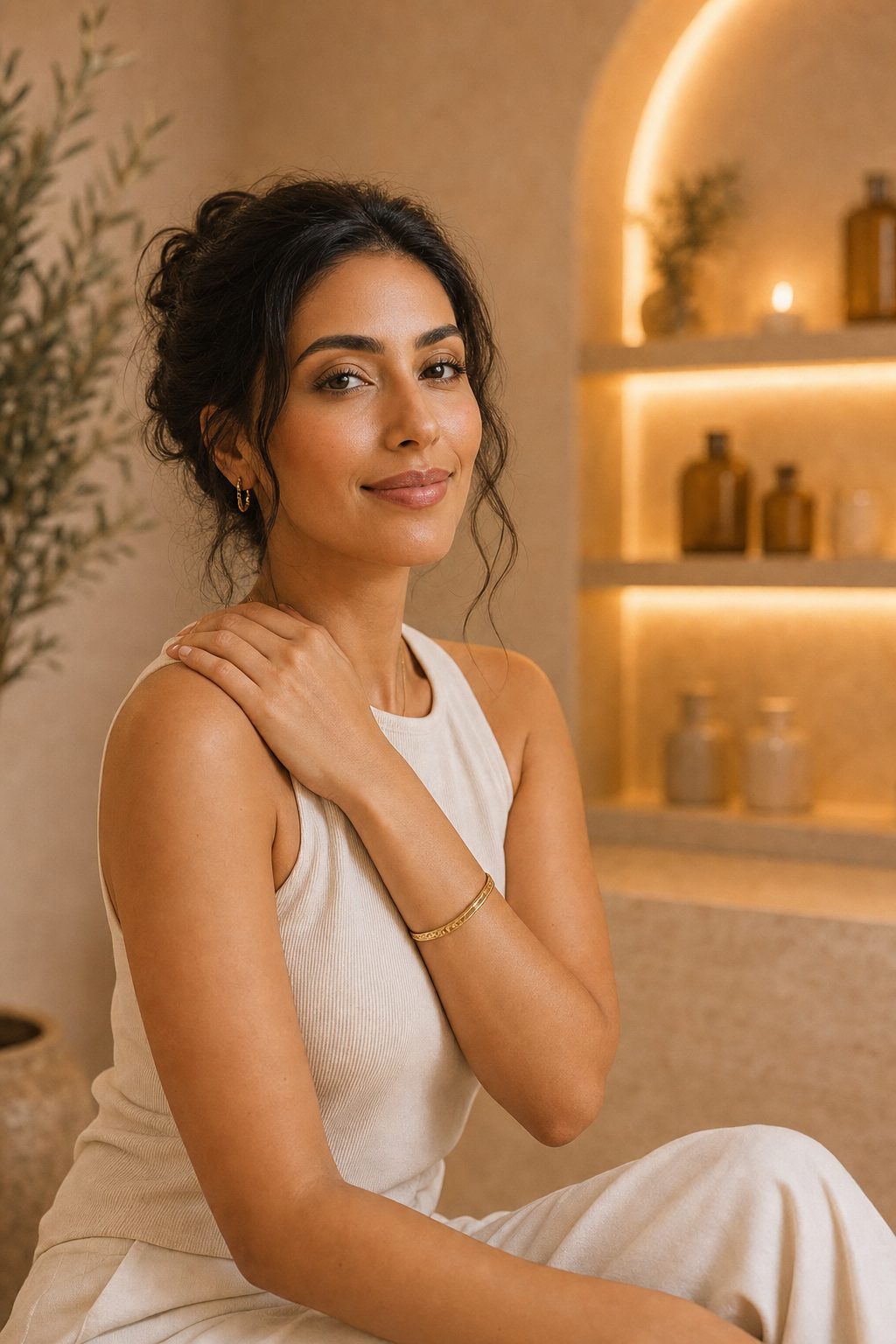 Confident woman enjoying a self-care moment at Lumi